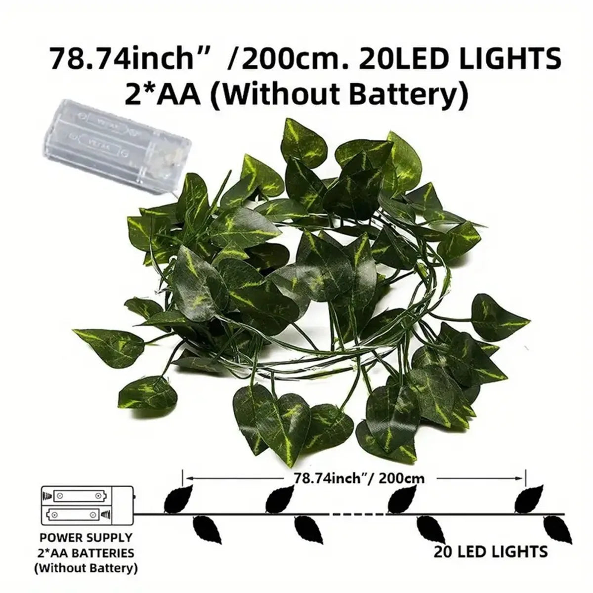 Guirlande lumineuse LED verte en forme de feuille (1 pièce, 2 m, 20 LED), fonctionne sur piles, idéale pour décorer votre jardin, vos fêtes de fin d'année, vos mariages ou votre chambre.