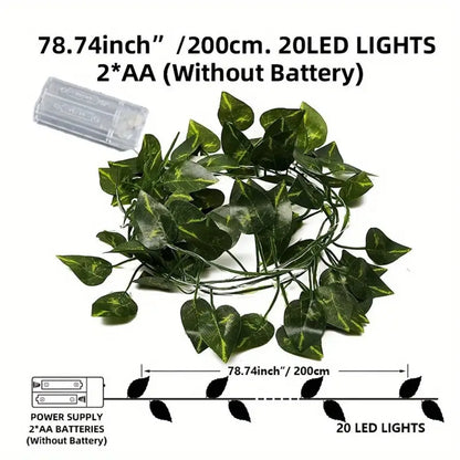 Guirlande lumineuse LED verte en forme de feuille (1 pièce, 2 m, 20 LED), fonctionne sur piles, idéale pour décorer votre jardin, vos fêtes de fin d'année, vos mariages ou votre chambre.