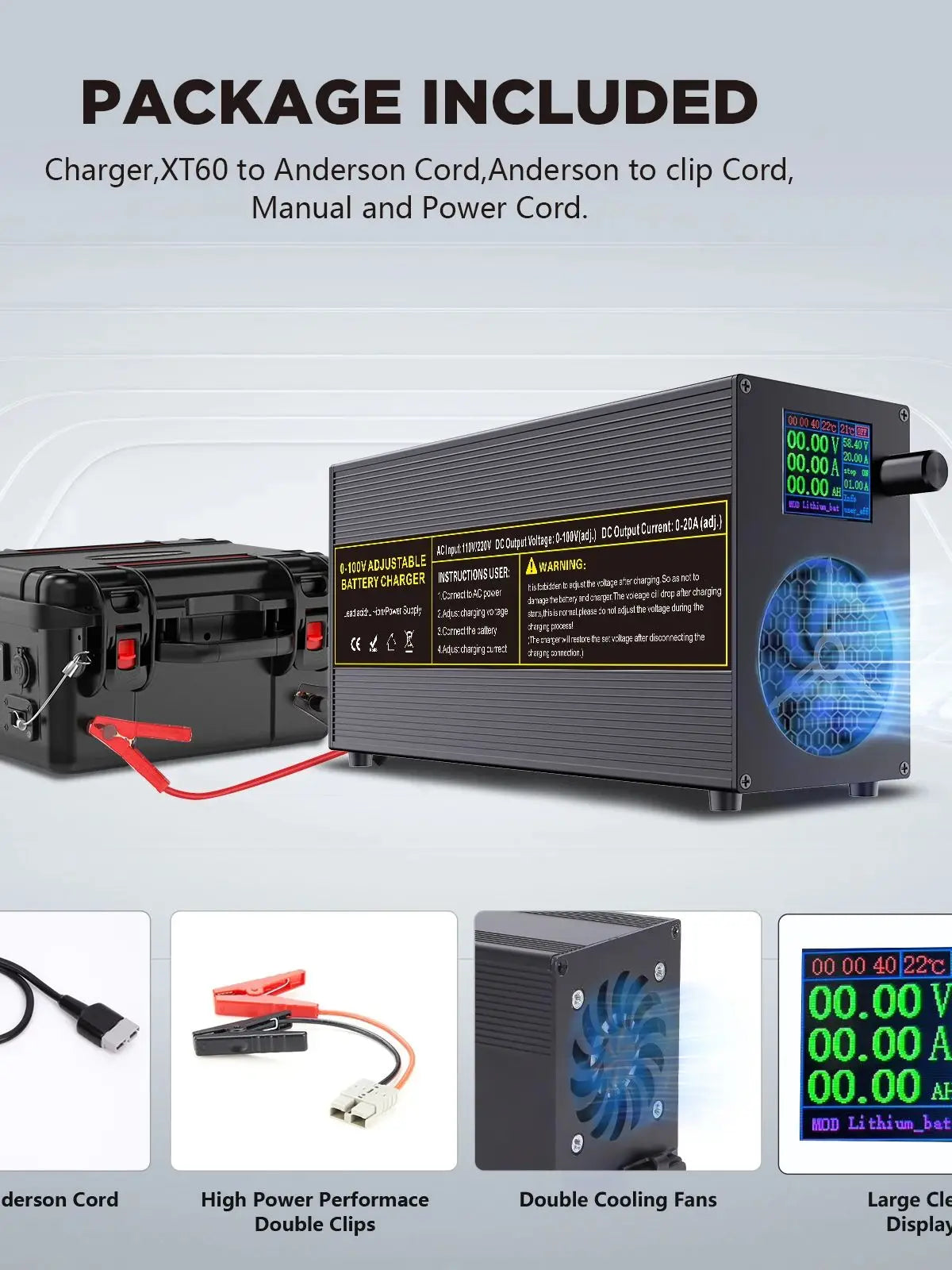 0-100V25A Lifepo4 Charger 24V48V64V72V Fast Charger Lithium Battery Charger 14.6V 100A 60A Battery Adapter Adjustable voltage