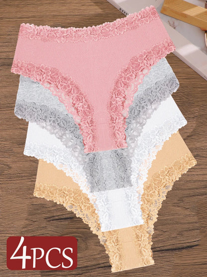 4Pcs/Set Seamless Cotton Brazilian Pants For Women Elastic High Waist Breathable Underpants Ladies Lace Panties Sexy Lingerie
