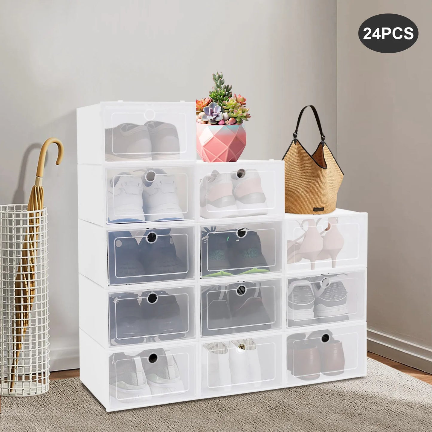 24 Pack Stackable Shoebox Thicken & Sturdy Clear Multifunctional Shoe Box for Universal Shoe Storage and Sneaker Boot Container