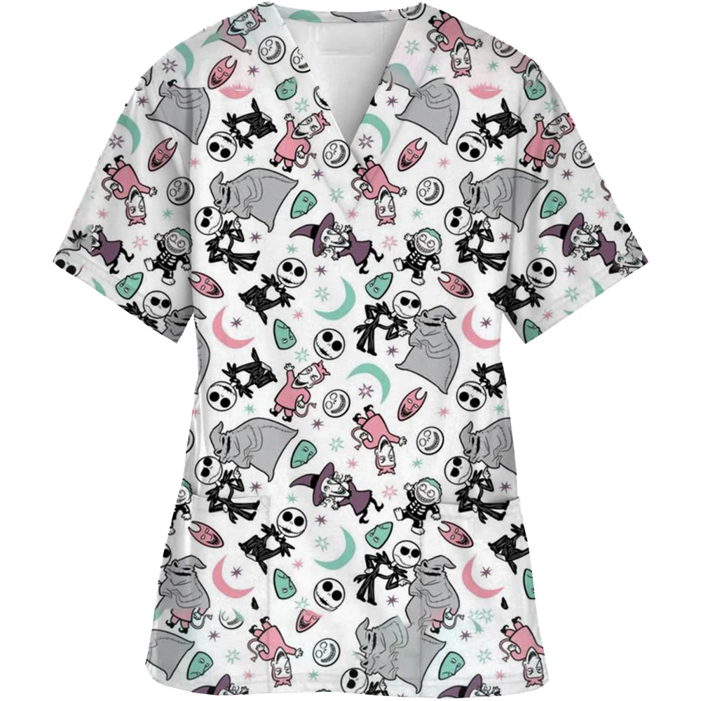 Vêtements de travail à col en V, motif cauchemar de Noël, pour Halloween, chirurgie, grande taille, infirmière, vêtements médicaux, haut mat pour femmes