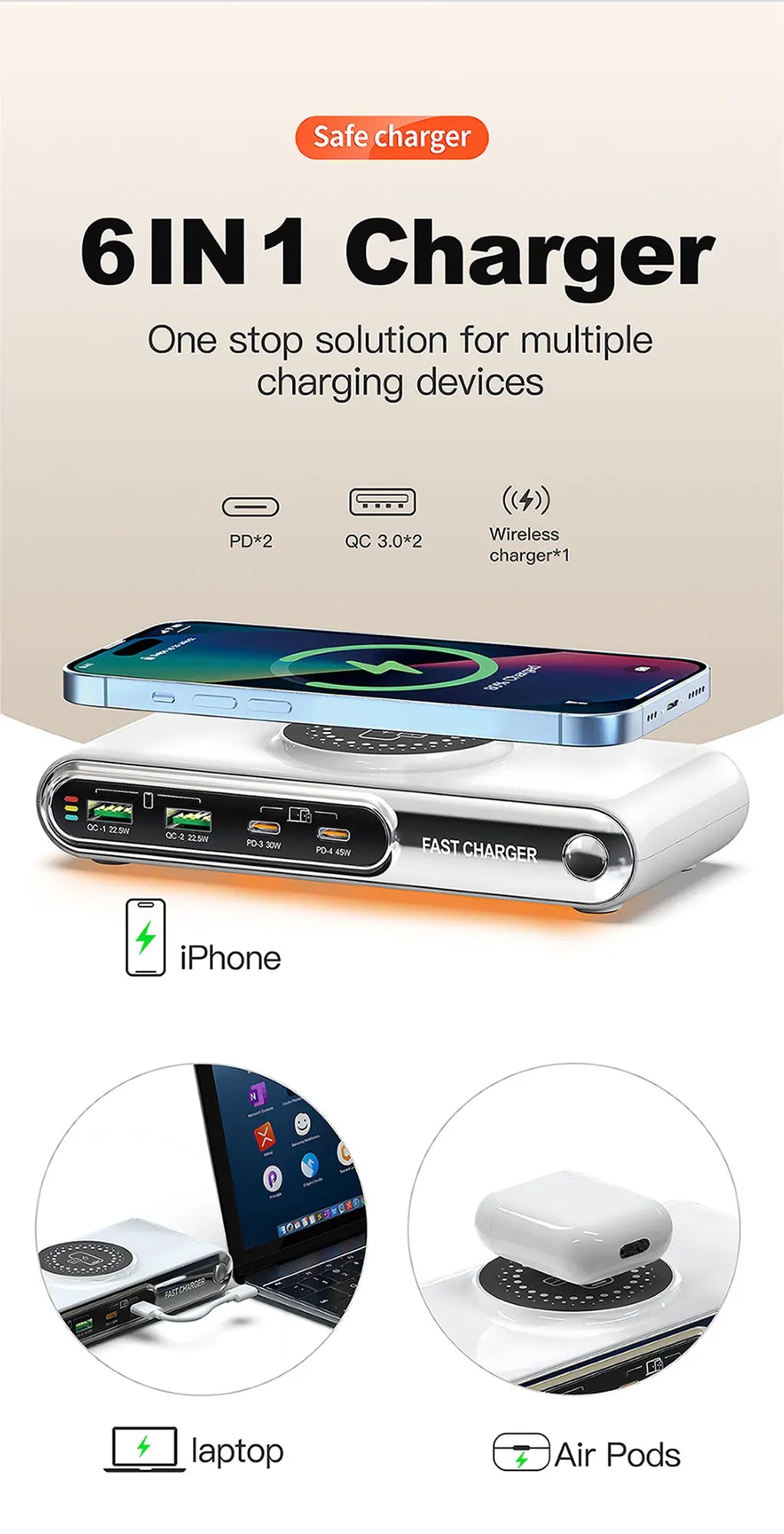 New 72W Multifunction Charger Wireless Charger 4-Port PD+QC USB Type-C Quick Charger Home Travel Office Convenient For Phone