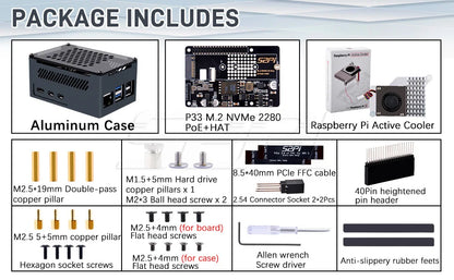 52Pi M.2 NVME M-key & PoE+ Hat & Active Cooler Kit For Raspberry Pi 5 Support SSD: 2230/2242/2260/2280