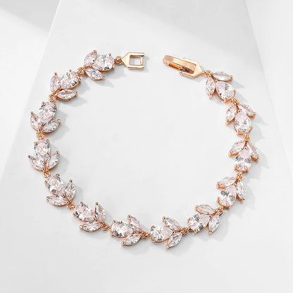Bracelets de mariage ZAKOL de luxe en zircone cubique AAA pour femmes, bracelet jonc de haute qualité couleur or blanc avec breloque feuille