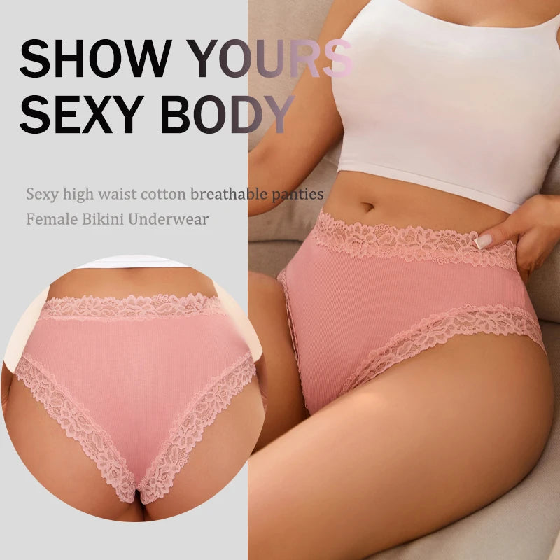 4Pcs/Set Seamless Cotton Brazilian Pants For Women Elastic High Waist Breathable Underpants Ladies Lace Panties Sexy Lingerie