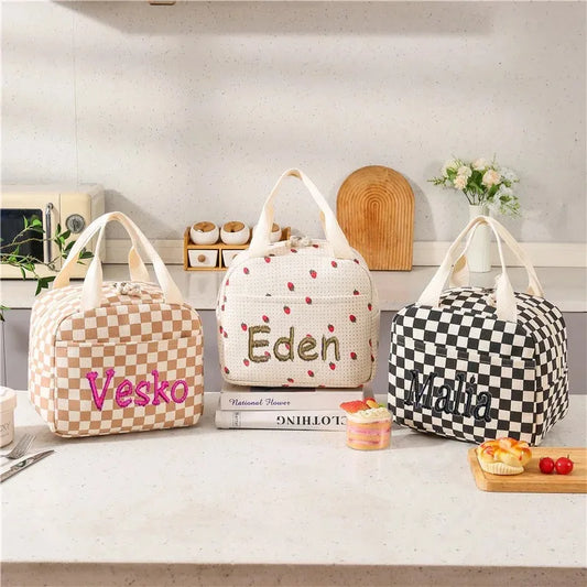 Personalized Custom Name Corduroy Lunch Bag, Thermal Insulated, Kid School Lunch Box, Picnic Cooler, Storage Handbag Food Pouch