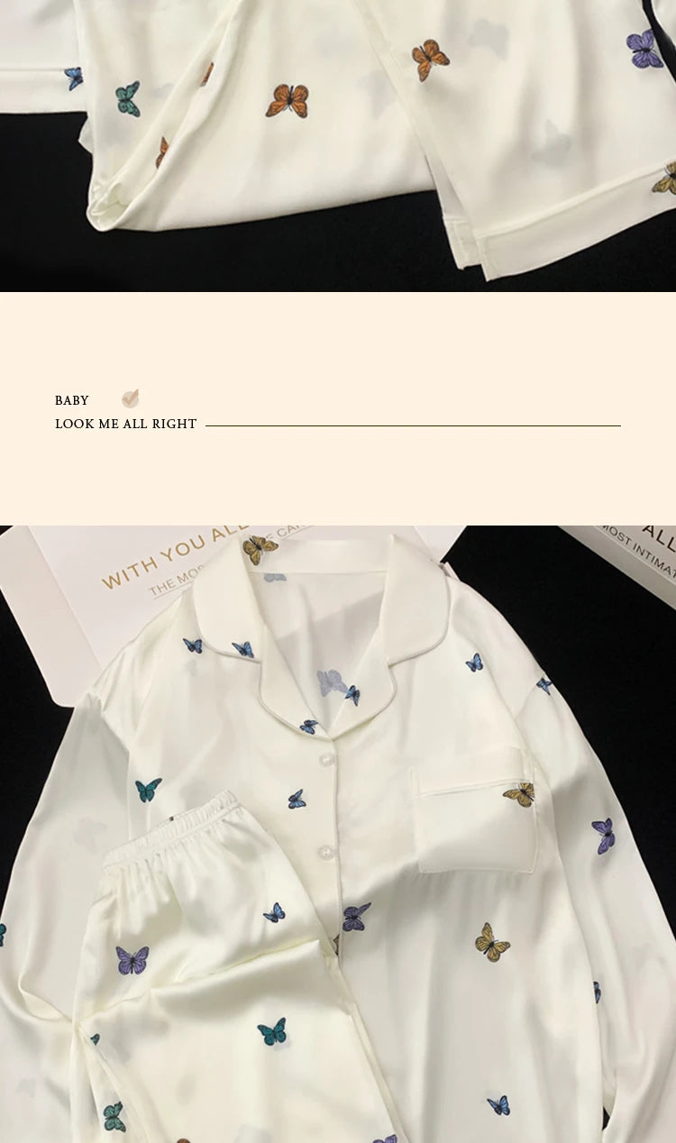 French Elegant Romantic Butterfly Print Women Pajamas Simple Ins Literary Aesthetics Sleepwear 2024 Fall Winter New Y2k Lounges