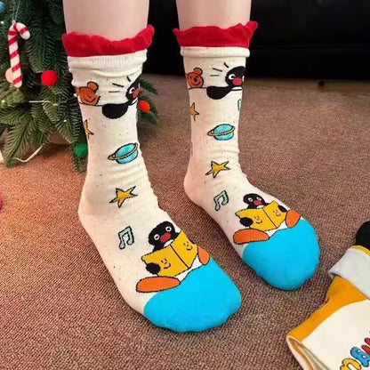 1/2Pairs Autumn and Winter Season Trendy Cartoon Cute Original Versatile Animal Colorful Pattern Simple Penguin Middle Socks