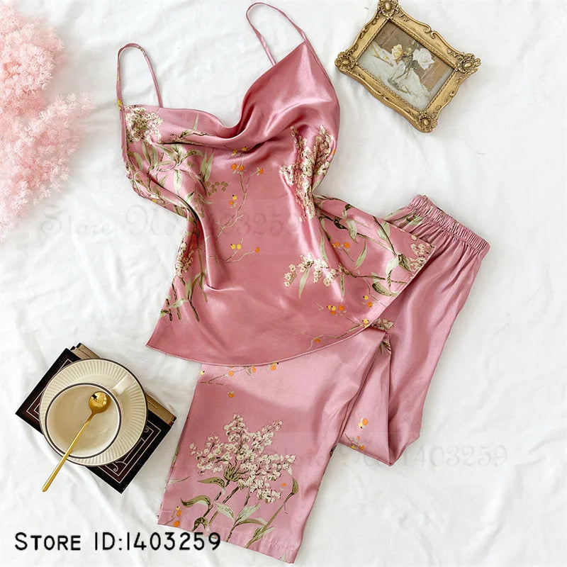 Women Pajamas Sexy Print Cherry Suspender Pijamas Suit Sleepwear Spring Summer Silk Rayon Home Clothes Sling Pants Two Piece Set