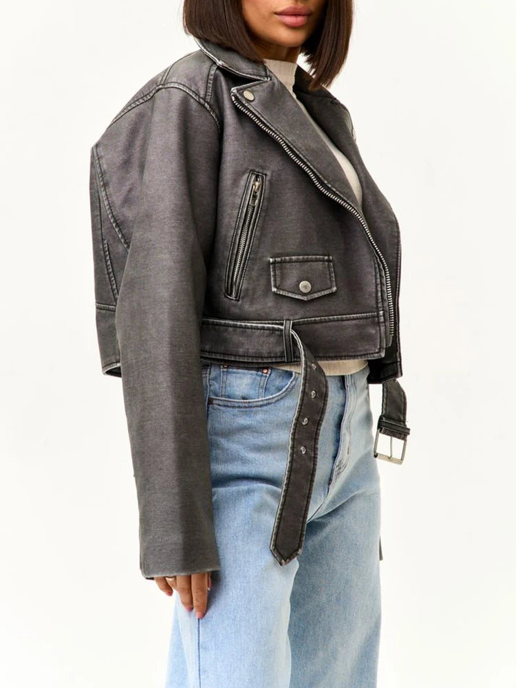 Ailegogo Women Vintage Loose Short Pu Faux Leather Jacket Spring Autumn Female Zipper Belt Coat Moto Biker Outwear
