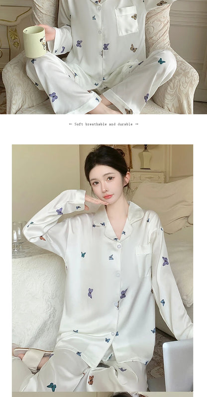 French Elegant Romantic Butterfly Print Women Pajamas Simple Ins Literary Aesthetics Sleepwear 2024 Fall Winter New Y2k Lounges