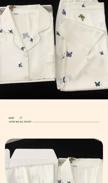French Elegant Romantic Butterfly Print Women Pajamas Simple Ins Literary Aesthetics Sleepwear 2024 Fall Winter New Y2k Lounges