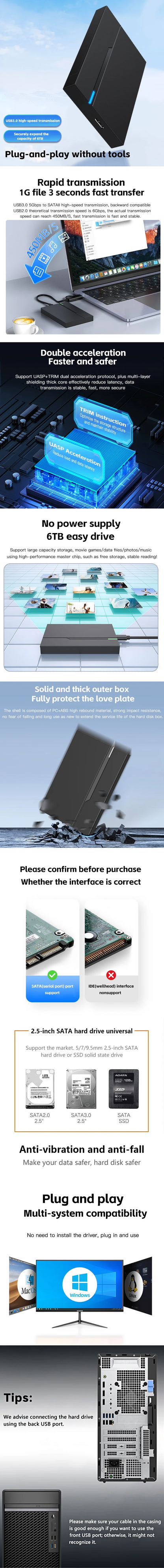 2.5" External Hard Drive Enclosure USB 3.0 Hard Disk Case 6TB Supports 7mm 9.5mm SATA SSD HDD For Laptop PC