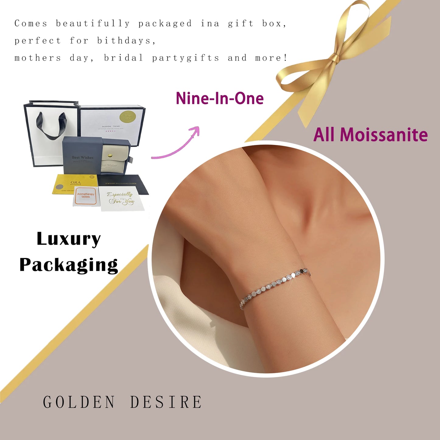 Bracelet tennis hexagonal en argent sterling 925 plaqué or 14 carats et moissanite, pour femme. Bijou géométrique scintillant aux couleurs chatoyantes. Idée cadeau.