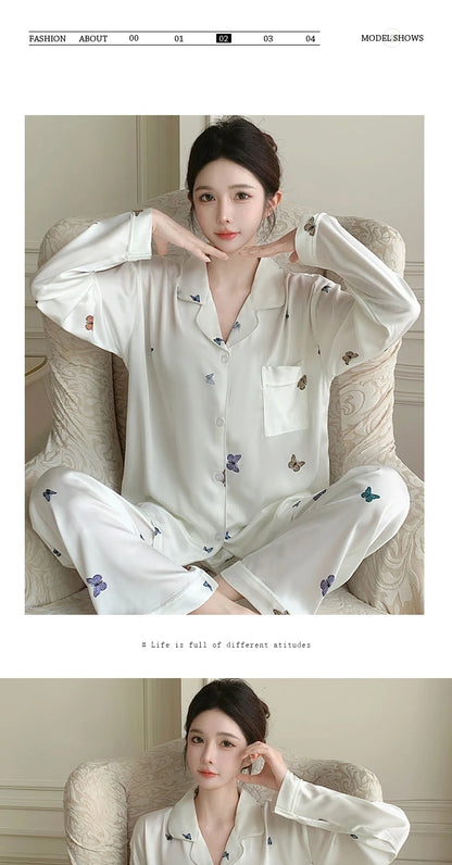 French Elegant Romantic Butterfly Print Women Pajamas Simple Ins Literary Aesthetics Sleepwear 2024 Fall Winter New Y2k Lounges