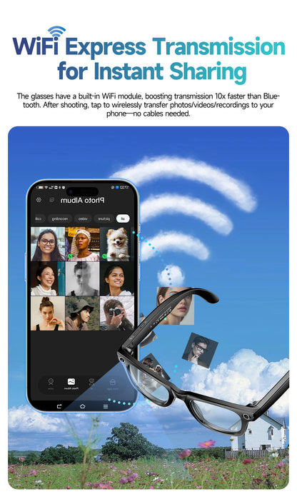 Lunettes intelligentes IA avec caméra 8 MP, enregistrement vidéo, traduction de plus de 100 langues, appels Bluetooth et lecture de musique. Modèle homme/femme (2025).