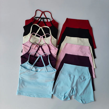 2PCS Gym Fitness Medium-intensity Sports Vest Beauty Back Yoga Suit Sports Bra Women Pilates Bra High Waist Hip Lift Shorts Set