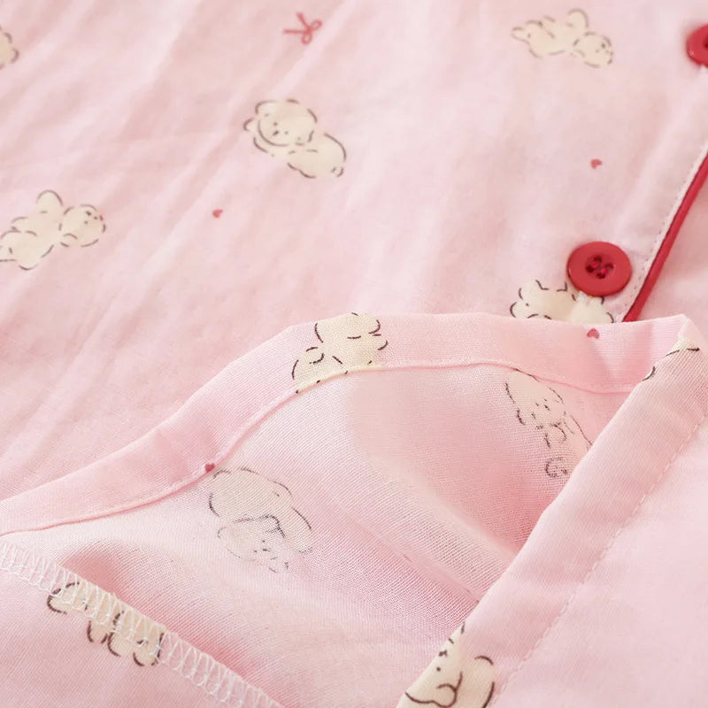 Summer Women Pajamas 3 Pieces Set 100% Gauze Cotton Female Sleepwear Bedroom Set Short sleeved long pants + shorts Woman Piiama