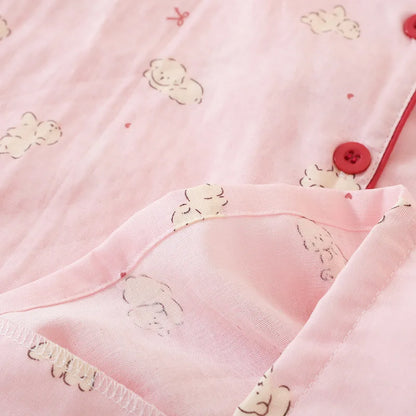 Summer Women Pajamas 3 Pieces Set 100% Gauze Cotton Female Sleepwear Bedroom Set Short sleeved long pants + shorts Woman Piiama