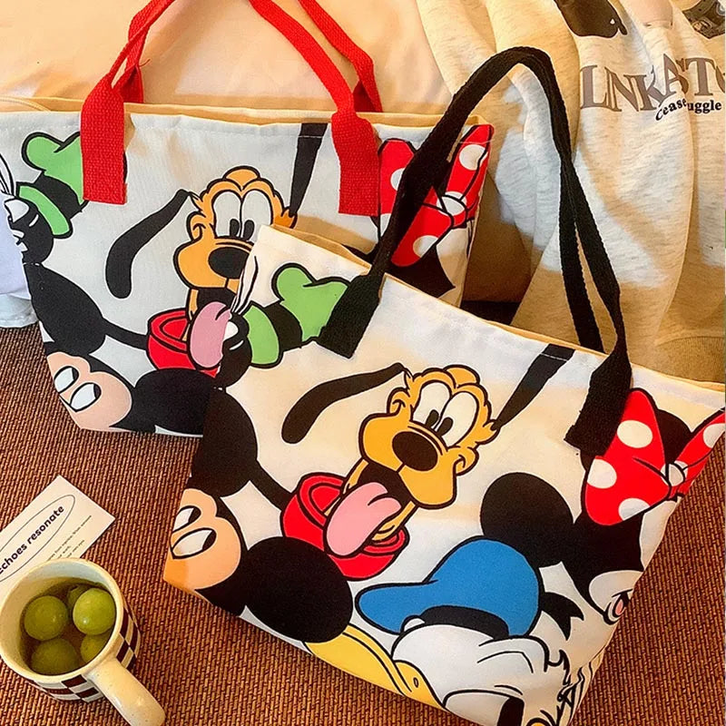 Cartoon Mickey Tote Bag Canvas Bag with Goofy Pattern Shoulder Bag Fashion Travel Large Capacity Canvas Bag Women Shopping Use