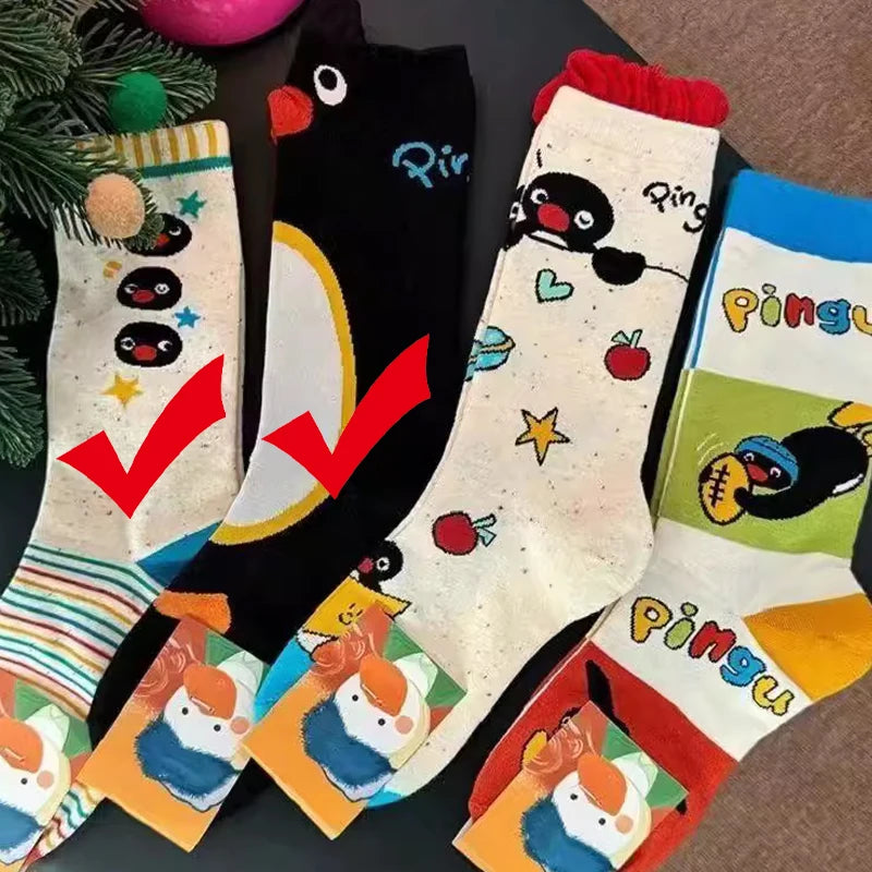 1/2Pairs Autumn and Winter Season Trendy Cartoon Cute Original Versatile Animal Colorful Pattern Simple Penguin Middle Socks