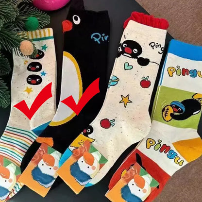 1/2Pairs Autumn and Winter Season Trendy Cartoon Cute Original Versatile Animal Colorful Pattern Simple Penguin Middle Socks