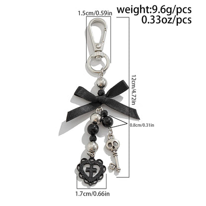 Salircon Gothic Cross Love Heart Skull Key Pendant Keychain for Women Trend Black Bowknot Key Ring Female Halloween Y2K Jewelry