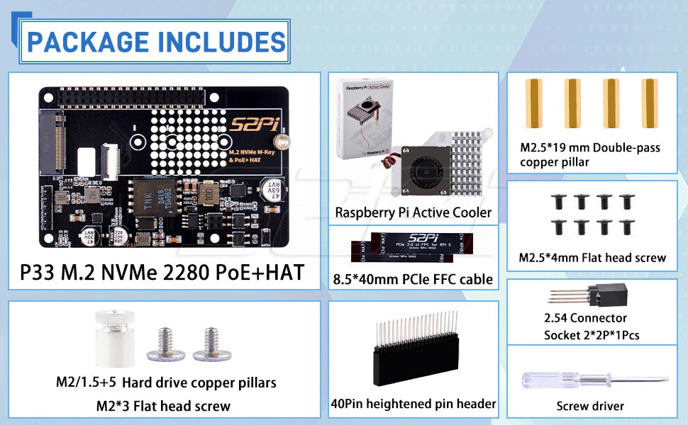 52Pi M.2 NVME M-key & PoE+ Hat & Active Cooler Kit For Raspberry Pi 5 Support SSD: 2230/2242/2260/2280