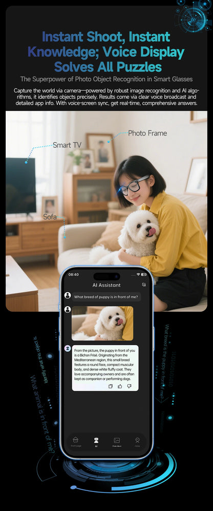 Lunettes intelligentes IA avec caméra 8 MP, enregistrement vidéo, traduction de plus de 100 langues, appels Bluetooth et lecture de musique. Modèle homme/femme (2025).