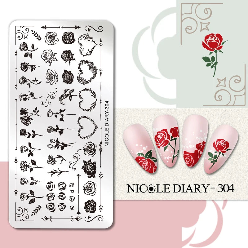 NICOLE DIARY Rose Flower Nail Stamping Plates Image Template Valentine's day Love Heart Printing Stencil Nail Art Manicure Tools