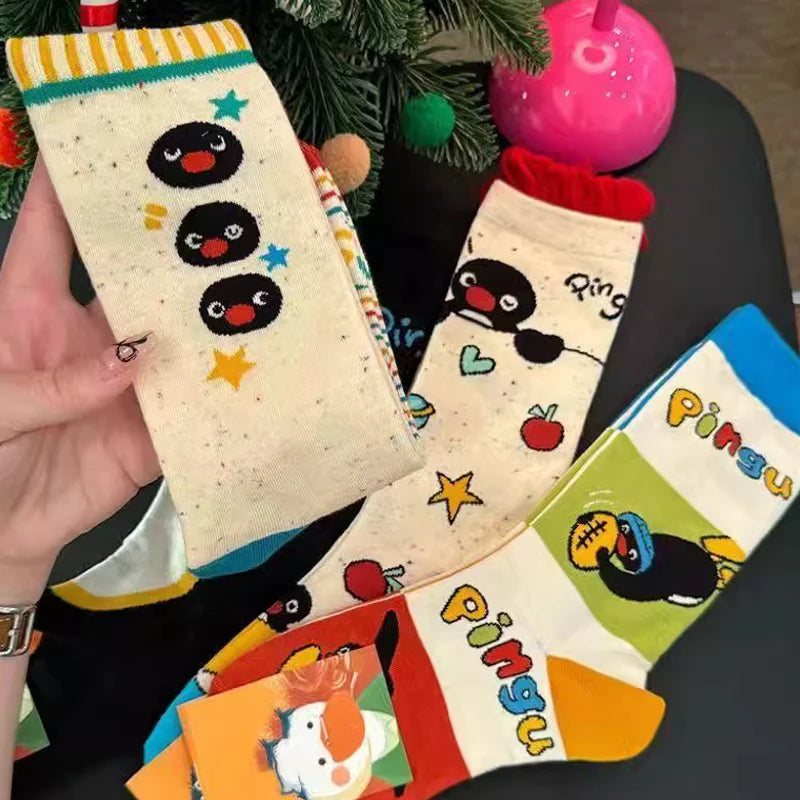 1/2Pairs Autumn and Winter Season Trendy Cartoon Cute Original Versatile Animal Colorful Pattern Simple Penguin Middle Socks