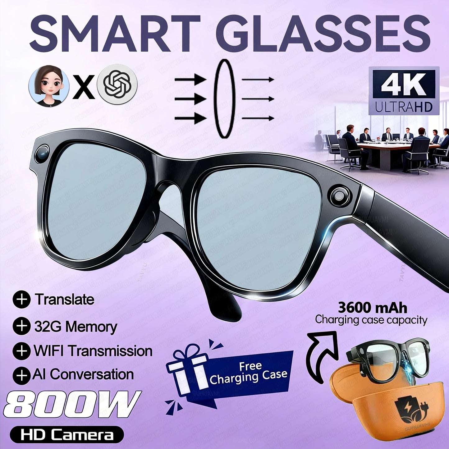 2026 Smart Glasses Women 3600mAh Power Bank 800W Camera 120+Languages Translation Recording Videos Music Player Call Glasses Men