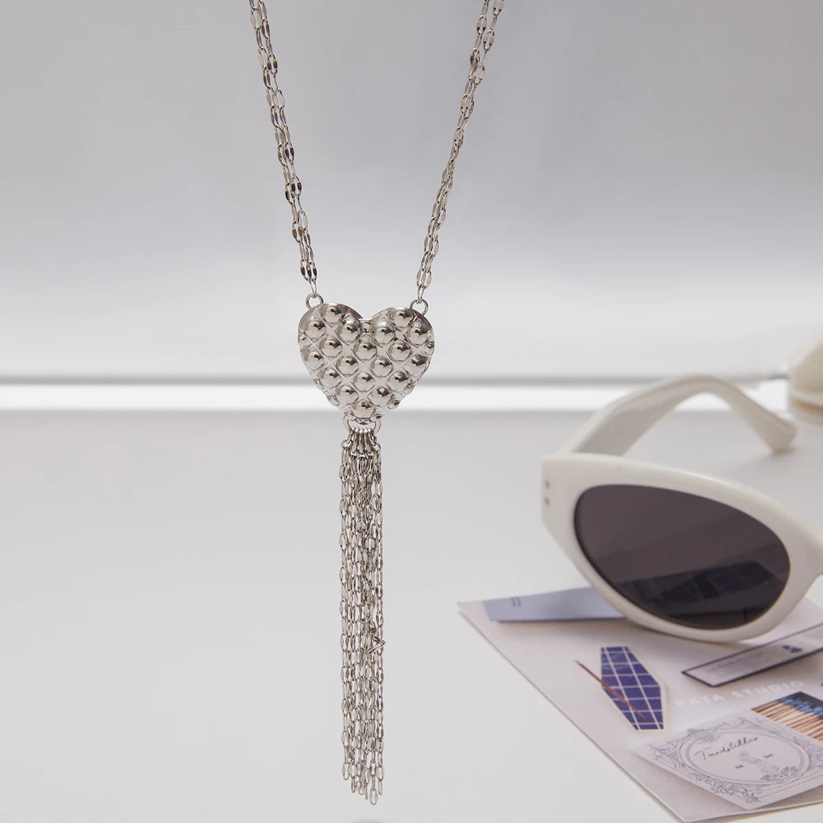 Zora Minimalist Style Silver-Plate Stainless Steel Heart Pendant Splicing Tassels Necklace Waterproof Women's Unique Jewelry