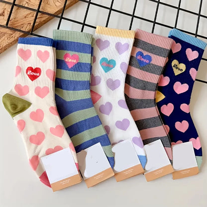 5 Pairs Dopamine Sweet Heart Striped Women Mid Tube Socks Fashionable Korean College Style Comfortable All Season Casual Socks