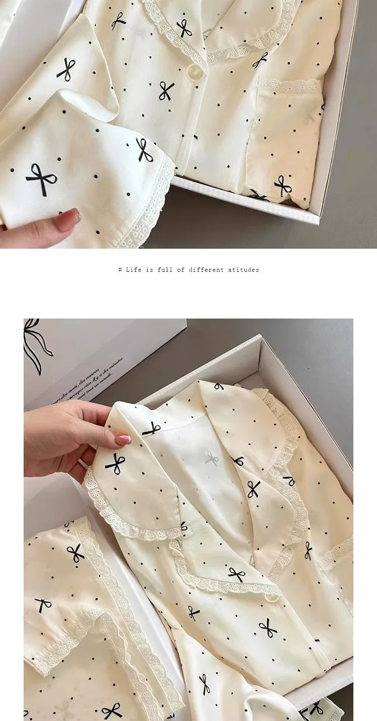 French-Inspired Chic, High-Fashion Aesthetic Instagram-Worthy Bow-Adorned Ice-Silk Lace-Trimmed Long-Sleeved Trouser Pyjamas