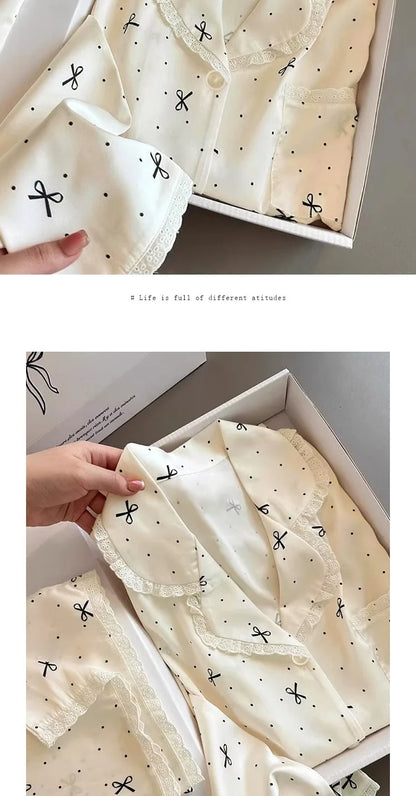 French-Inspired Chic, High-Fashion Aesthetic Instagram-Worthy Bow-Adorned Ice-Silk Lace-Trimmed Long-Sleeved Trouser Pyjamas