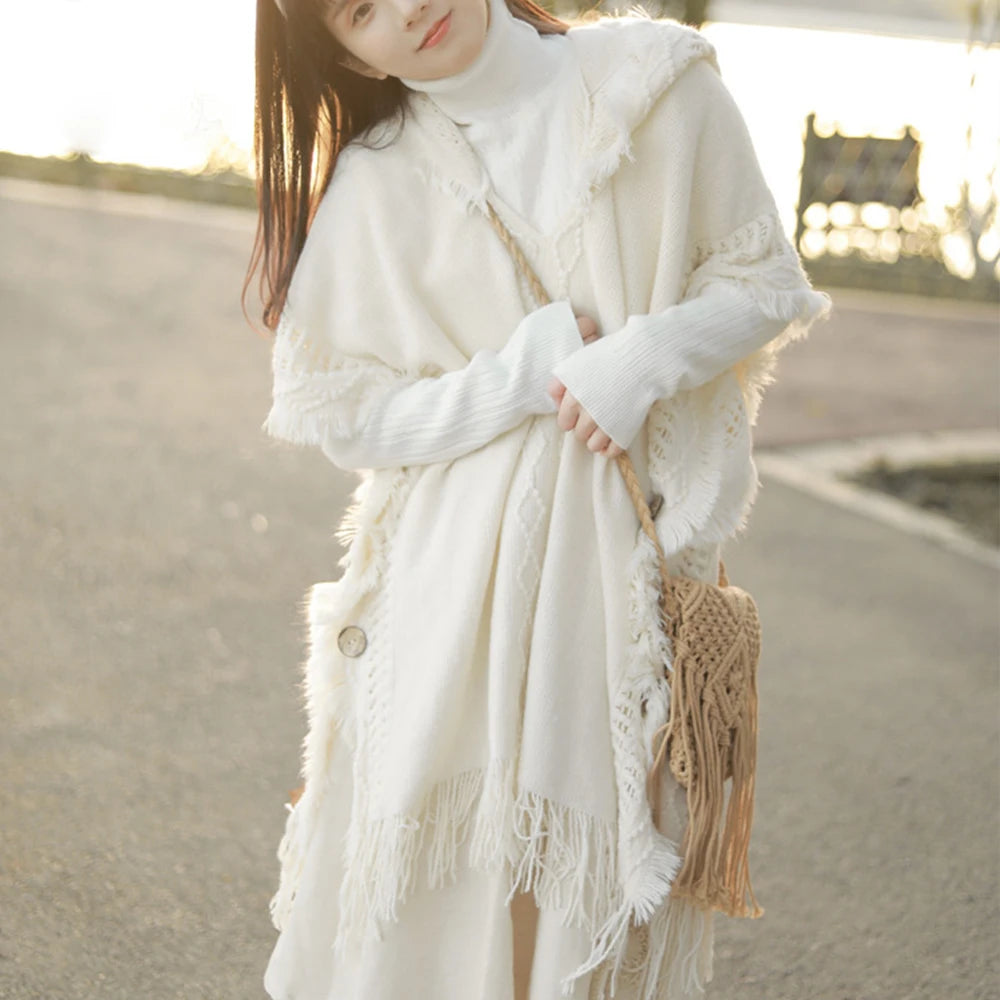 Women Knitted Cape Shawl Wrap Cloak Ethnic Hooded Poncho Hoody Jumper Sweater Tassels Dropshipping