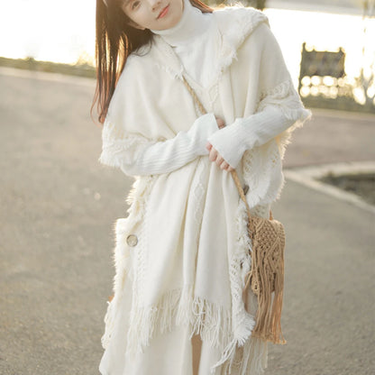 Women Knitted Cape Shawl Wrap Cloak Ethnic Hooded Poncho Hoody Jumper Sweater Tassels Dropshipping