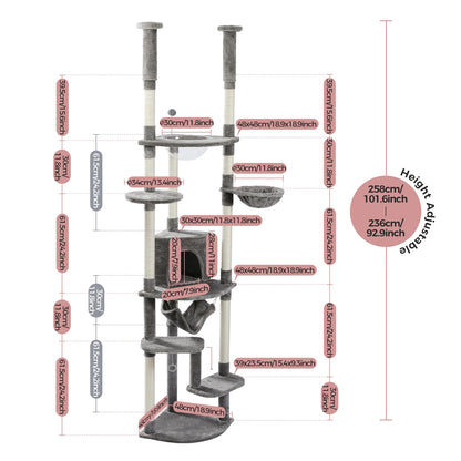 Floor to Ceiling Cat Tree Adjustable Cat Tower Tall Kitty Climbing Play House with Scratching Posts Cozy Condo Perches Hammock
