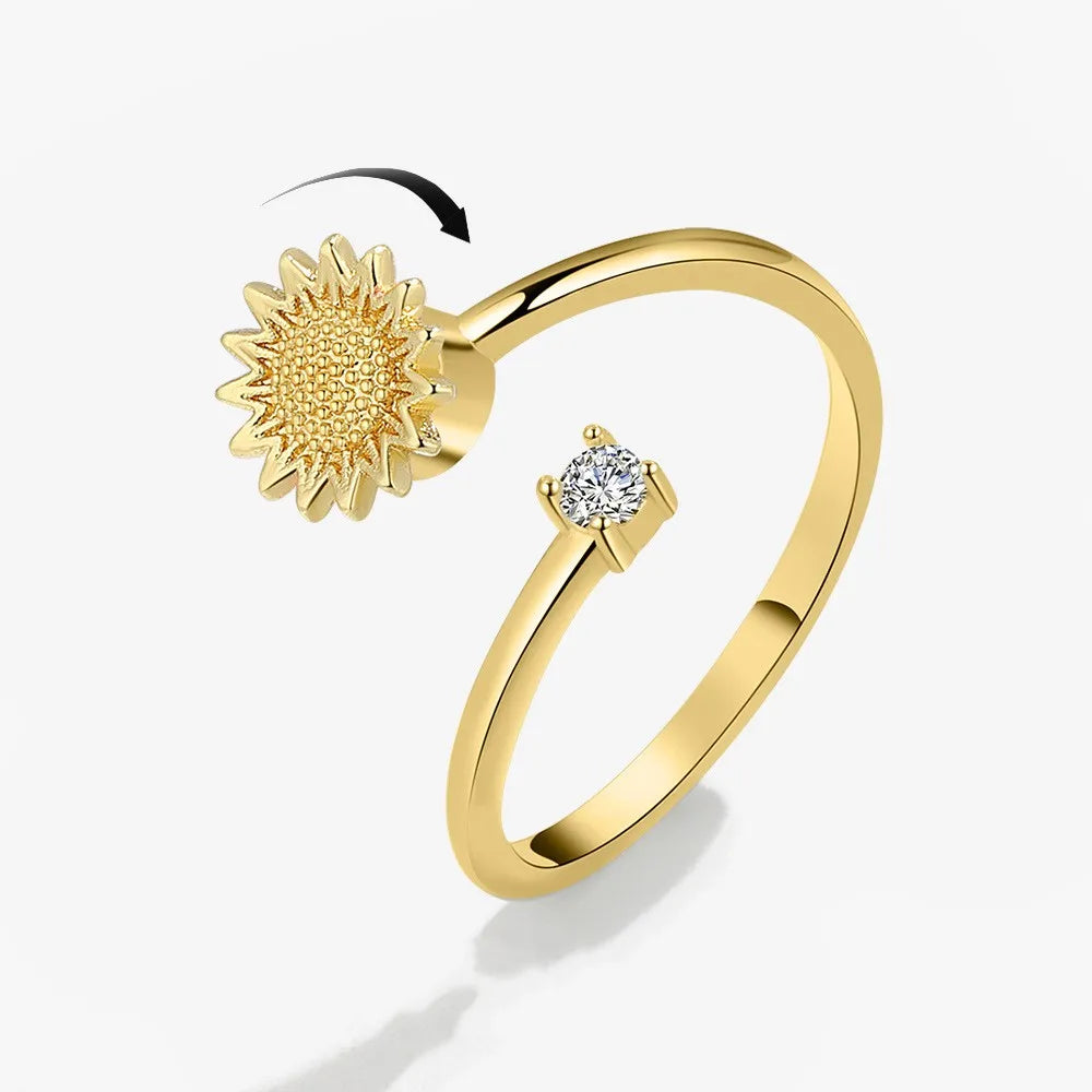 sweet flower plant rotating anxiety fidget rings for girl Gold Color Adjustable Wedding Aesthetic anti stress Ring