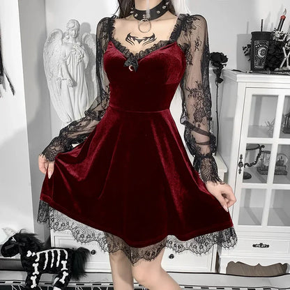 Robe Gothique en Velours et Dentelle pour Femme, Bretelles Spaghetti, Punk, Mini Cami, Costume de ixCosplay