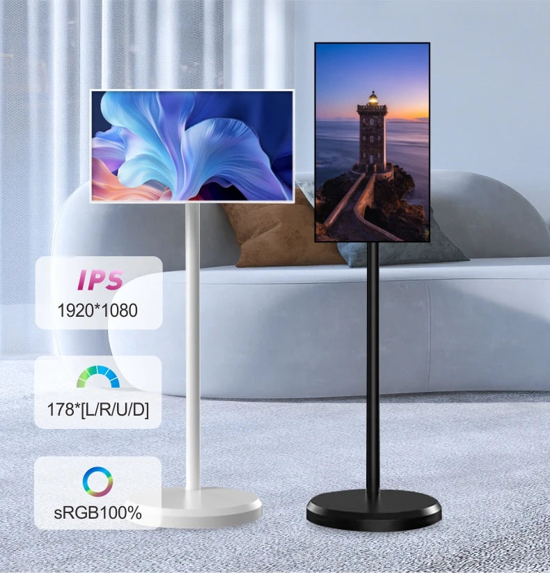 Téléviseur portable sans fil avec écran tactile 21,5 pouces, rechargeable et rotatif à 360°.