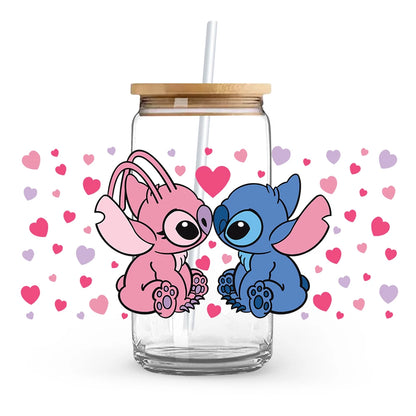 Valentine's Day cartoon Mickey Minnie Stitch Love 16oz Glass Cup UV DTF Transfer Film High-Quality Wraps Transfer Decals