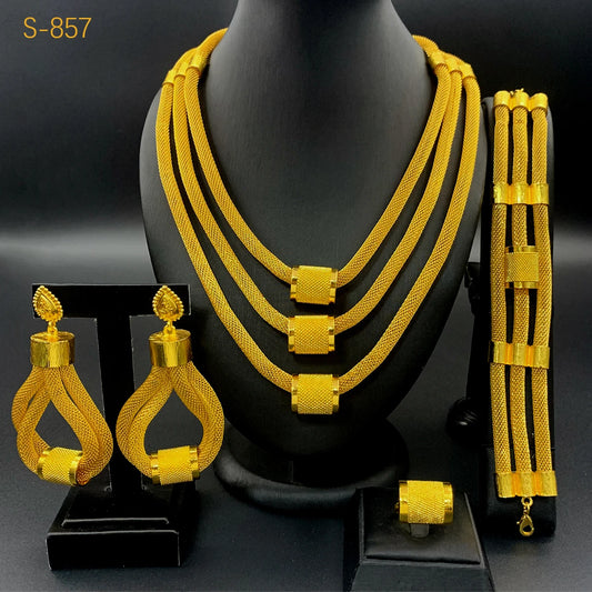 Luxury Ethiopian Multilayer 24k Gold Color Jewelry Set  For Women Wedding Dubai Necklace And Earrings Sets Indian Bridal