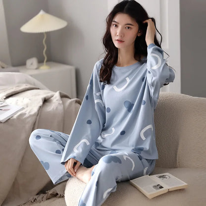 Long-Sleeved Pyjamas Women's Autumn and Winter Cotton Round Neck Fashion Soft Casual Breathable Cute Cartoon Loungewear Outside