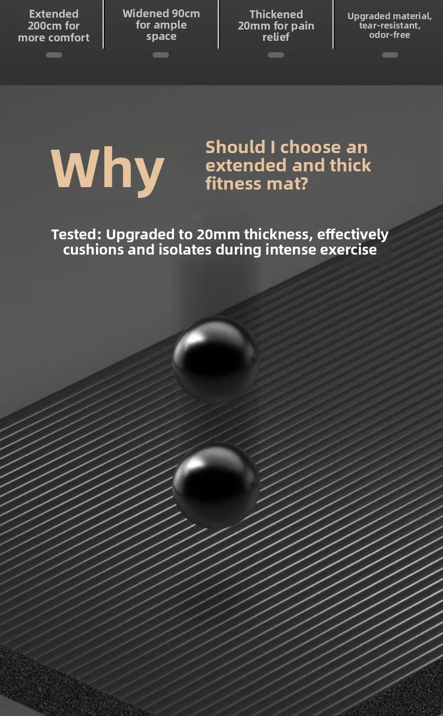 Tapis de yoga pour homme, 20 mm d'épaisseur, allongé et élargi, antidérapant, idéal pour l'exercice, couleur unie, en NBR.