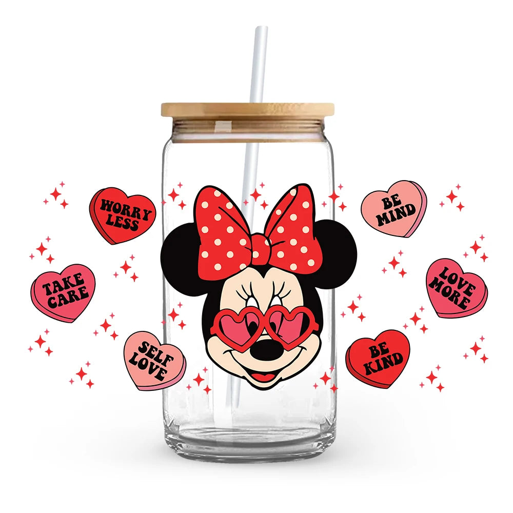 Valentine's Day cartoon Mickey Minnie Stitch Love 16oz Glass Cup UV DTF Transfer Film High-Quality Wraps Transfer Decals