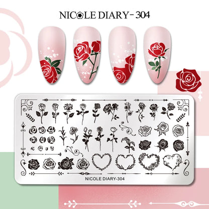 NICOLE DIARY Rose Flower Nail Stamping Plates Image Template Valentine's day Love Heart Printing Stencil Nail Art Manicure Tools