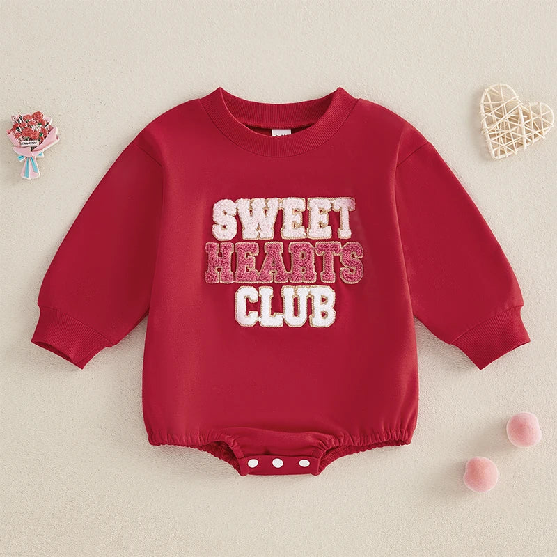 Newborn Baby Girl Boy Sweatshirt Romper Autumn Spring Letter Embroidered Long Sleeve Round Neck Jumpsuits for Valentine's Day